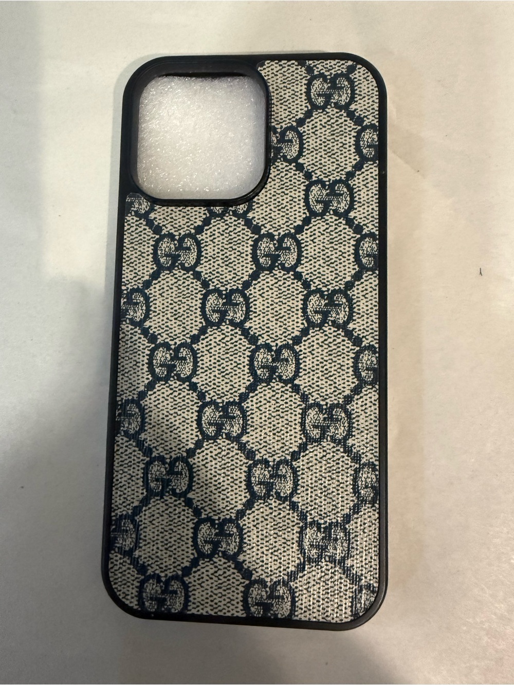Custom Designer Gucci Style Grey & Navy GG Pattern iPhone 16 Pro Max Case used.